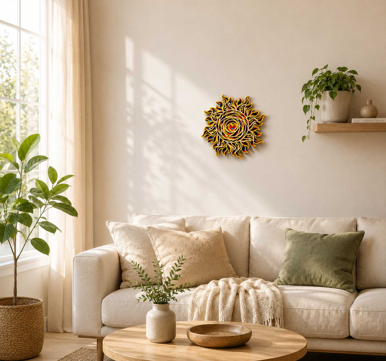 Mandala multistrato Sole con Cuore in legno – Decorazione Artistica 3D da parete | 5 Strati