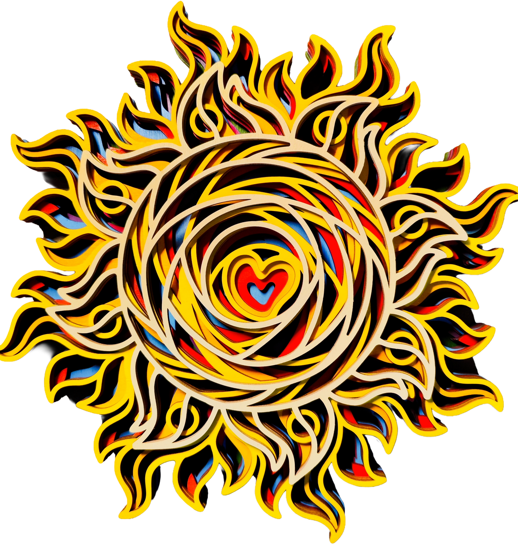 Mandala multistrato Sole con Cuore in legno – Decorazione Artistica 3D da parete | 5 Strati
