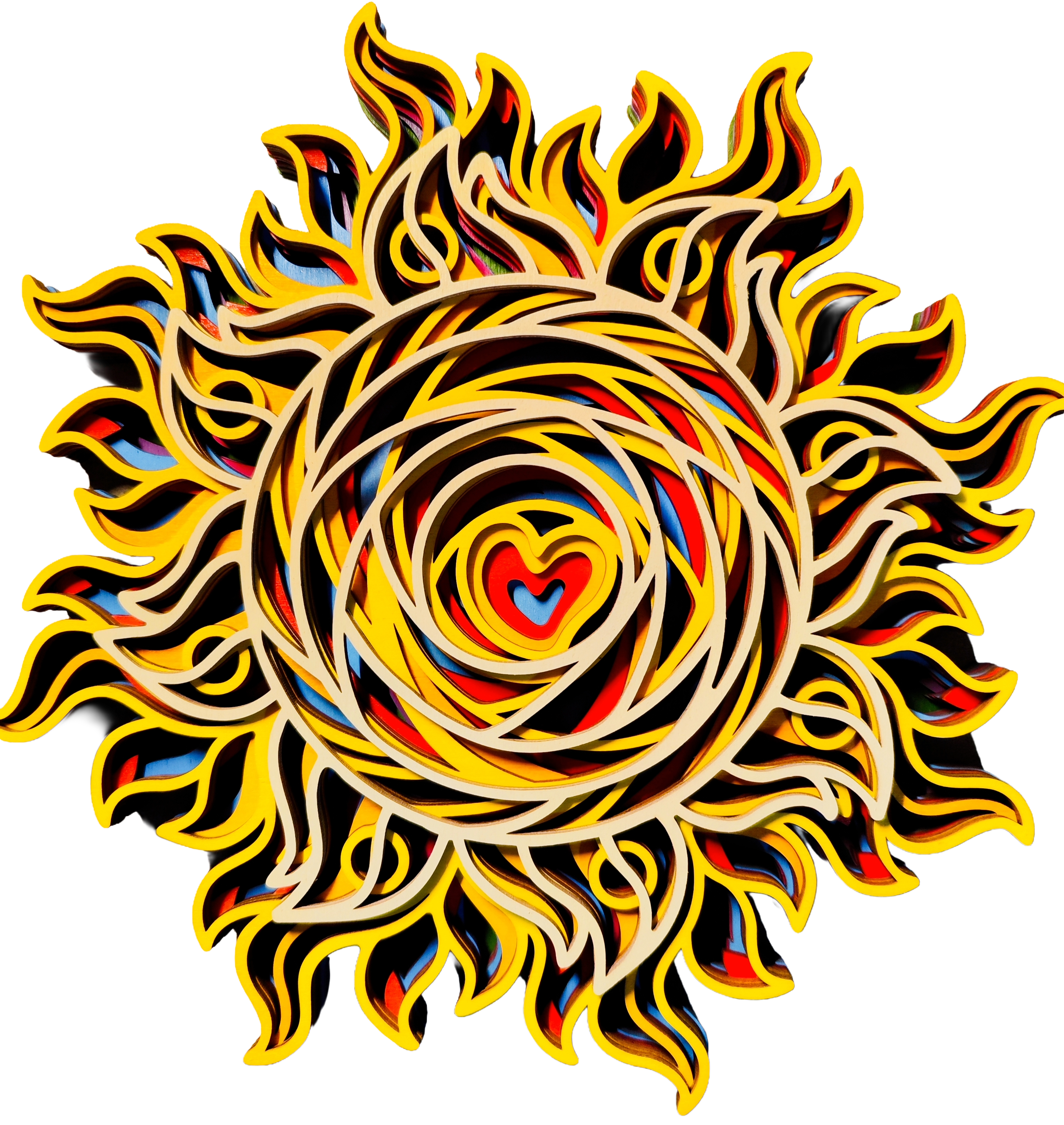 Mandala multistrato Sole con Cuore in legno – Decorazione Artistica 3D da parete | 5 Strati