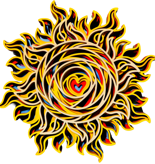 Mandala multistrato Sole con Cuore in legno – Decorazione Artistica 3D da parete | 5 Strati