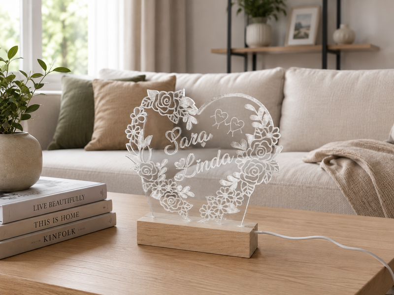 Lampada LED personalizzabile in acrilico cuore floreale – 7 Colori RGB con base in legno