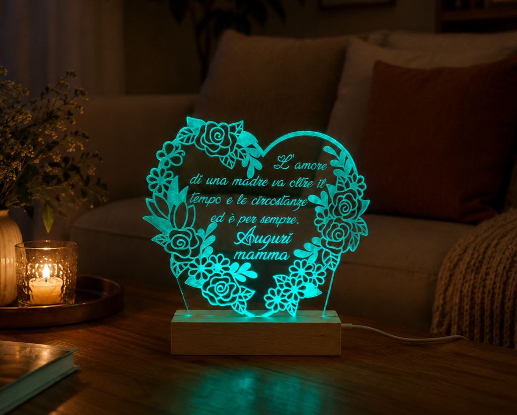 Lampada LED personalizzabile in acrilico cuore floreale – 7 Colori RGB con base in legno